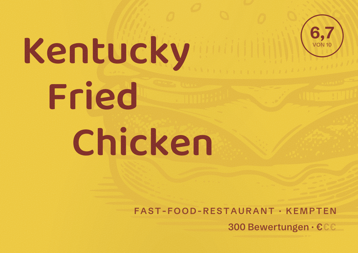 Illustriertes Poster von Kentucky Fried Chicken, Fast-Food-Restaurant in Kempten: Bewertung 6,7 von 10 aus 300 Bewertungen, Preisniveau €