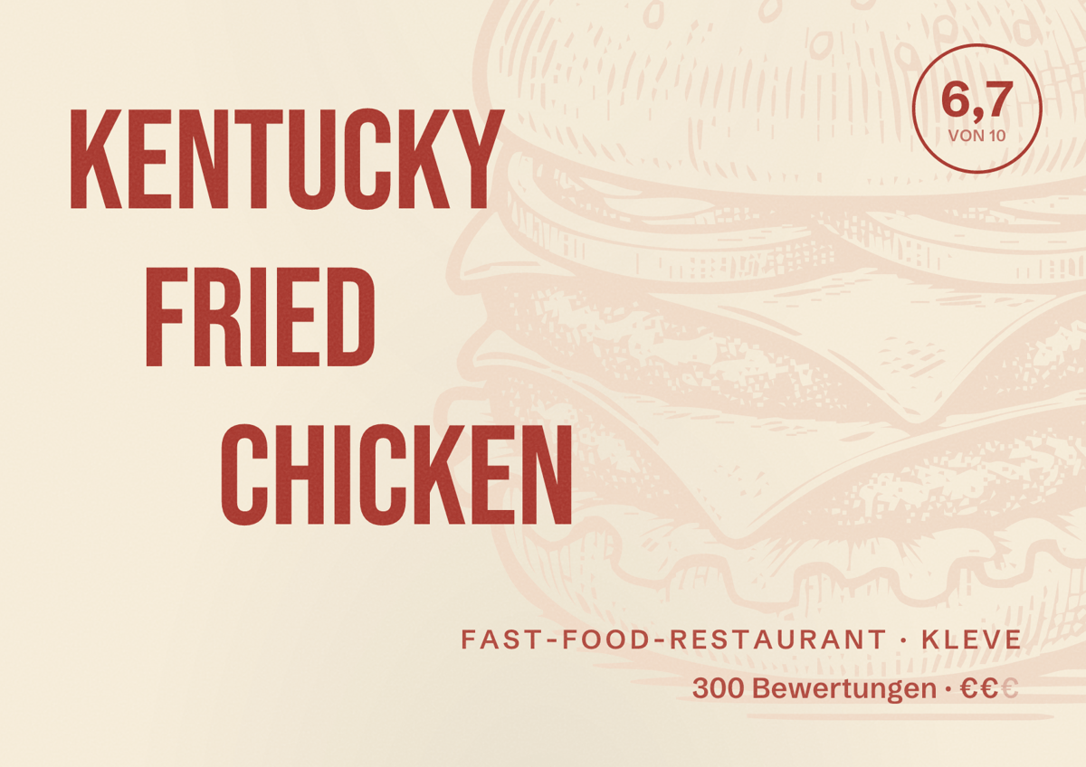 Illustriertes Poster von Kentucky Fried Chicken, Fast-Food-Restaurant in Kleve: Bewertung 6,7 von 10 aus 300 Bewertungen, Preisniveau €€
