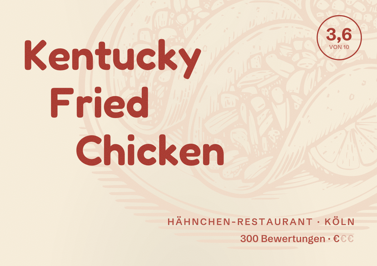 Illustriertes Poster von Kentucky Fried Chicken, Hähnchen-Restaurant in Köln: Bewertung 3,6 von 10 aus 300 Bewertungen, Preisniveau €