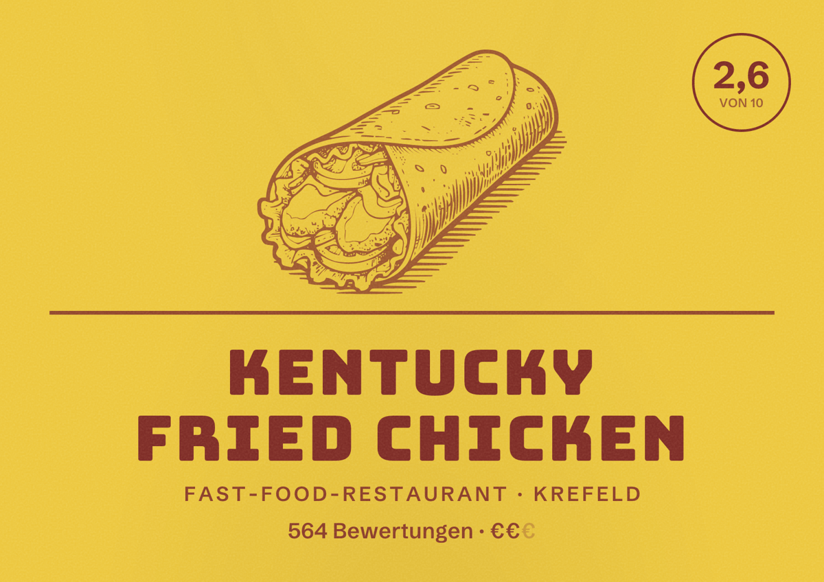 Illustriertes Poster von Kentucky Fried Chicken, Fast-Food-Restaurant in Krefeld: Bewertung 2,6 von 10 aus 564 Bewertungen, Preisniveau €€