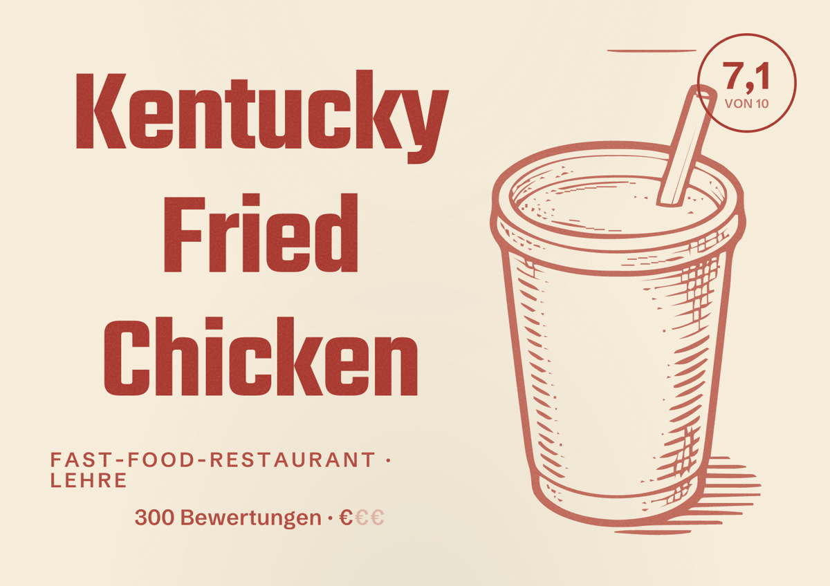 Illustriertes Poster von Kentucky Fried Chicken, Fast-Food-Restaurant in Lehre: Bewertung 7,1 von 10 aus 300 Bewertungen, Preisniveau €