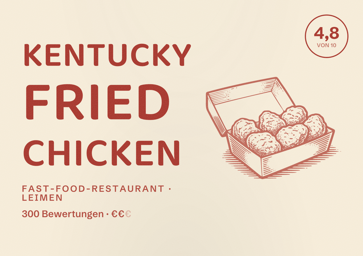 Illustriertes Poster von Kentucky Fried Chicken, Fast-Food-Restaurant in Leimen: Bewertung 4,8 von 10 aus 300 Bewertungen, Preisniveau €€