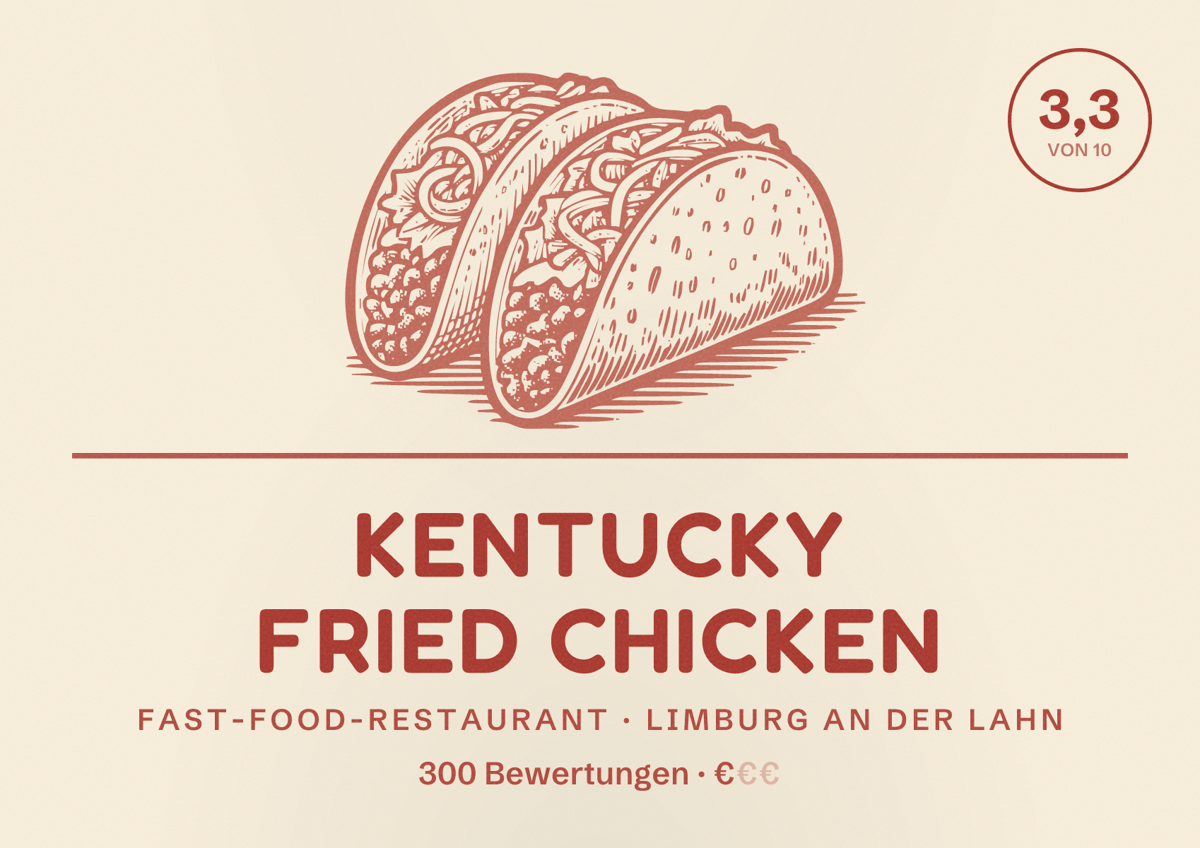 Illustriertes Poster von Kentucky Fried Chicken, Fast-Food-Restaurant in Limburg an der Lahn: Bewertung 3,3 von 10 aus 300 Bewertungen, Preisniveau €
