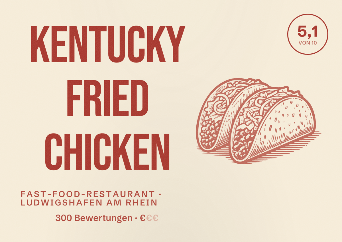 Illustriertes Poster von Kentucky Fried Chicken, Fast-Food-Restaurant in Ludwigshafen am Rhein: Bewertung 5,1 von 10 aus 300 Bewertungen, Preisniveau €
