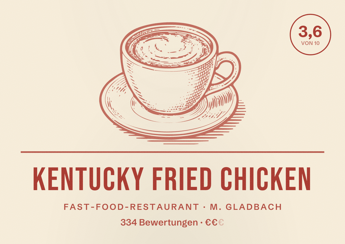 Illustriertes Poster von Kentucky Fried Chicken, Fast-Food-Restaurant in M. Gladbach: Bewertung 3,6 von 10 aus 334 Bewertungen, Preisniveau €€