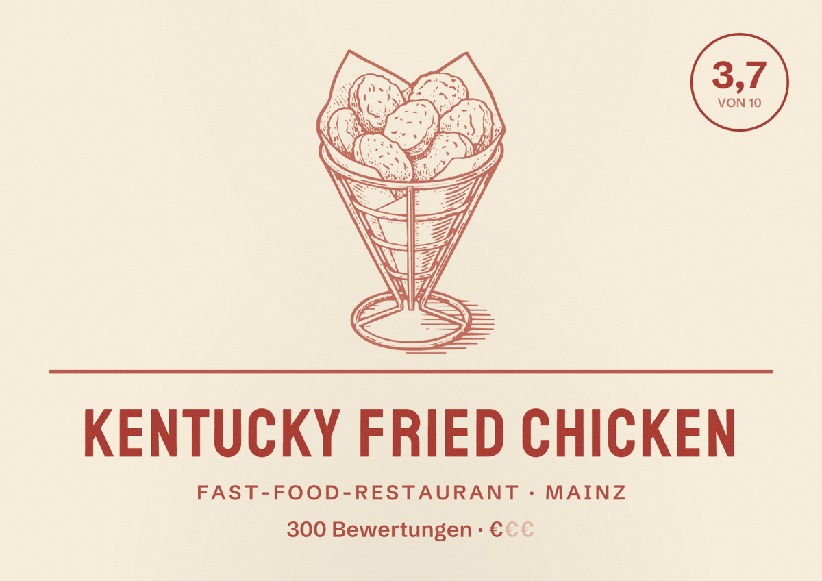 Illustriertes Poster von Kentucky Fried Chicken, Fast-Food-Restaurant in Mainz: Bewertung 3,7 von 10 aus 300 Bewertungen, Preisniveau €