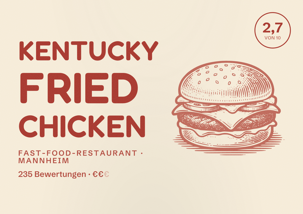 Illustriertes Poster von Kentucky Fried Chicken, Fast-Food-Restaurant in Mannheim: Bewertung 2,7 von 10 aus 235 Bewertungen, Preisniveau €€