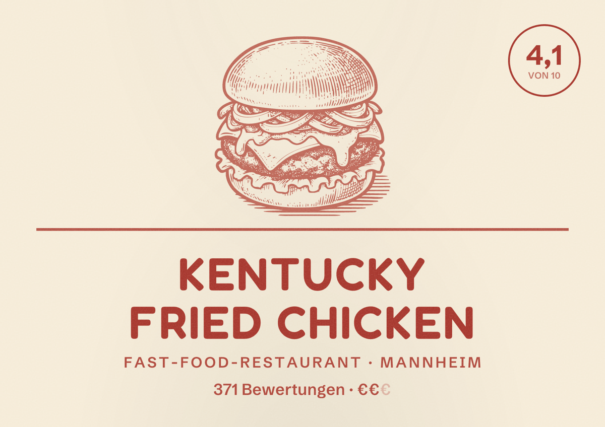 Illustriertes Poster von Kentucky Fried Chicken, Fast-Food-Restaurant in Mannheim: Bewertung 4,1 von 10 aus 371 Bewertungen, Preisniveau €€