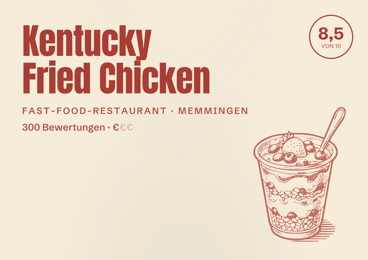 Illustriertes Poster von Kentucky Fried Chicken, Fast-Food-Restaurant in Memmingen: Bewertung 8,5 von 10 aus 300 Bewertungen, Preisniveau €