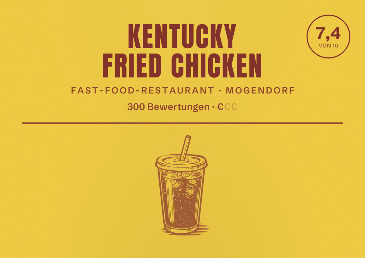 Illustriertes Poster von Kentucky Fried Chicken, Fast-Food-Restaurant in Mogendorf: Bewertung 7,4 von 10 aus 300 Bewertungen, Preisniveau €