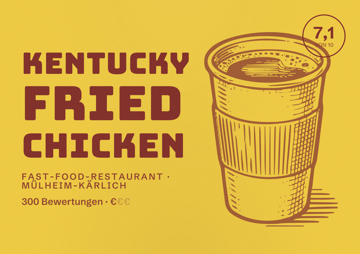 Illustriertes Poster von Kentucky Fried Chicken, Fast-Food-Restaurant in Mülheim-Kärlich: Bewertung 7,1 von 10 aus 300 Bewertungen, Preisniveau €