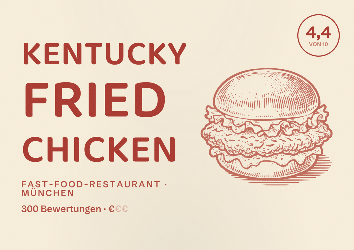 Illustriertes Poster von Kentucky Fried Chicken, Fast-Food-Restaurant in München: Bewertung 4,4 von 10 aus 300 Bewertungen, Preisniveau €