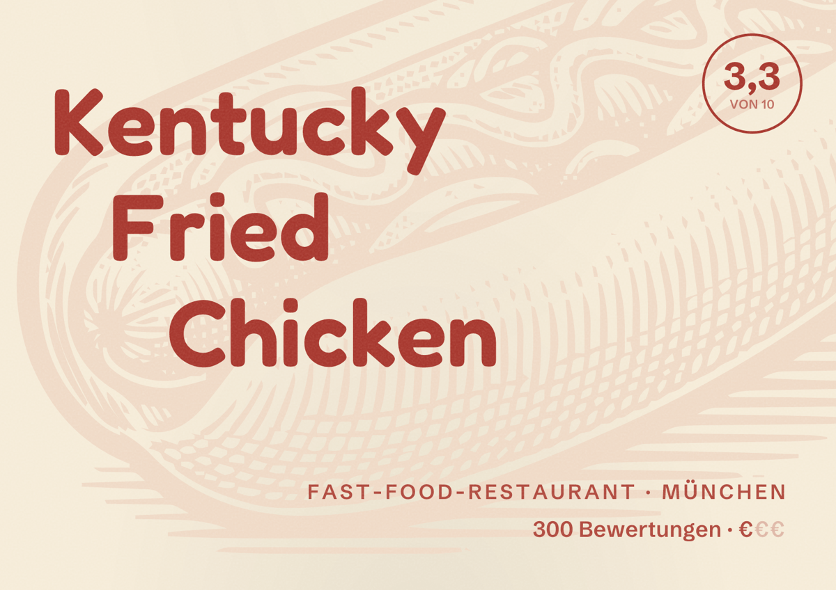 Illustriertes Poster von Kentucky Fried Chicken, Fast-Food-Restaurant in München: Bewertung 3,3 von 10 aus 300 Bewertungen, Preisniveau €