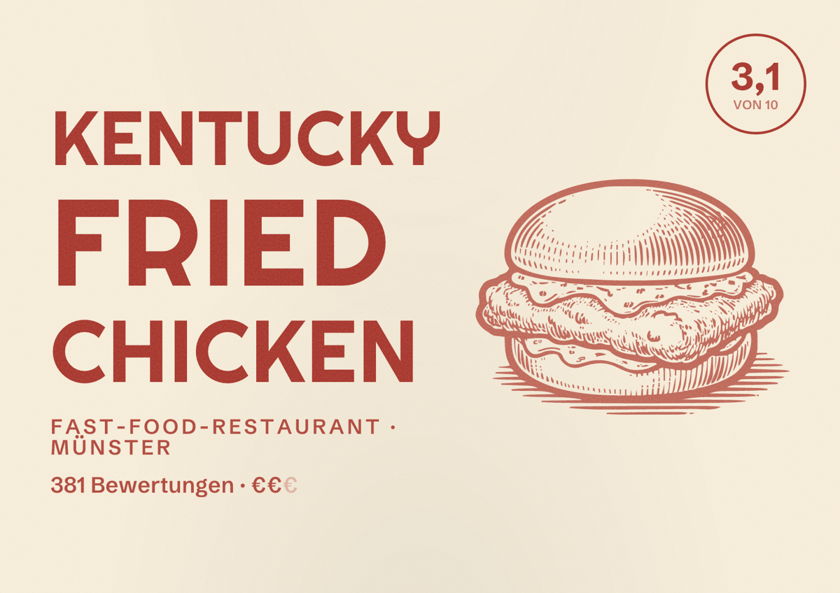 Illustriertes Poster von Kentucky Fried Chicken, Fast-Food-Restaurant in Münster: Bewertung 3,1 von 10 aus 381 Bewertungen, Preisniveau €€