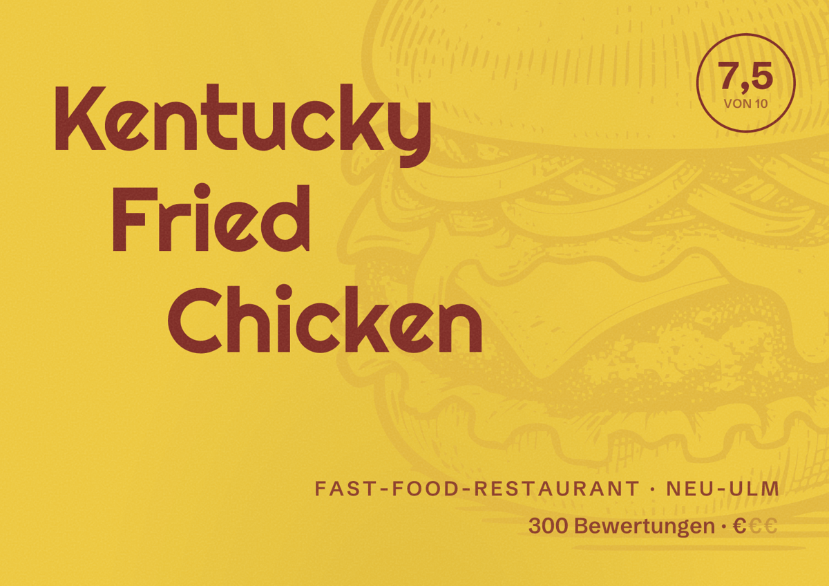 Illustriertes Poster von Kentucky Fried Chicken, Fast-Food-Restaurant in Neu-Ulm: Bewertung 7,5 von 10 aus 300 Bewertungen, Preisniveau €