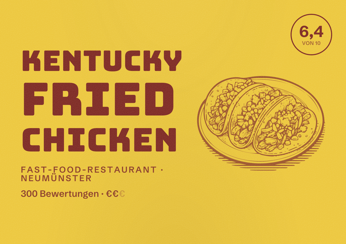 Illustriertes Poster von Kentucky Fried Chicken, Fast-Food-Restaurant in Neumünster: Bewertung 6,4 von 10 aus 300 Bewertungen, Preisniveau €€