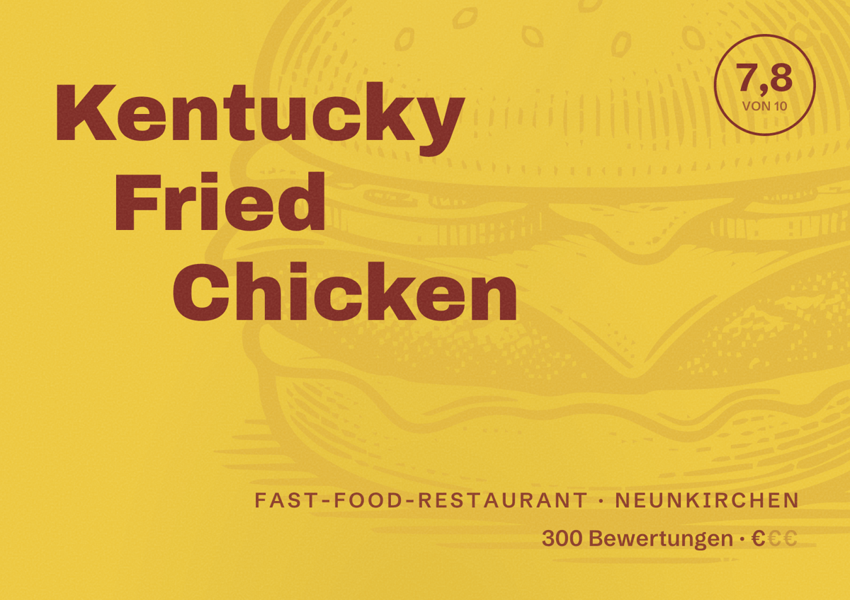 Illustriertes Poster von Kentucky Fried Chicken, Fast-Food-Restaurant in Neunkirchen: Bewertung 7,8 von 10 aus 300 Bewertungen, Preisniveau €