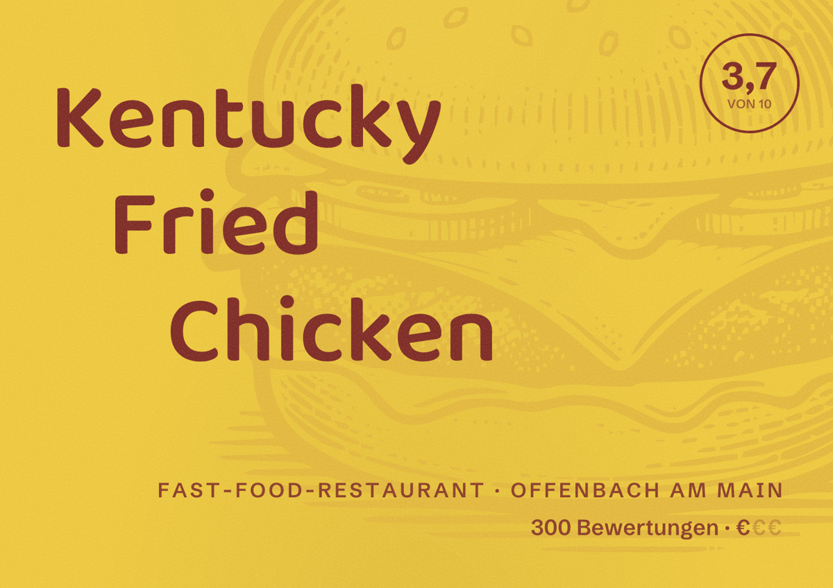 Illustriertes Poster von Kentucky Fried Chicken, Fast-Food-Restaurant in Offenbach am Main: Bewertung 3,7 von 10 aus 300 Bewertungen, Preisniveau €