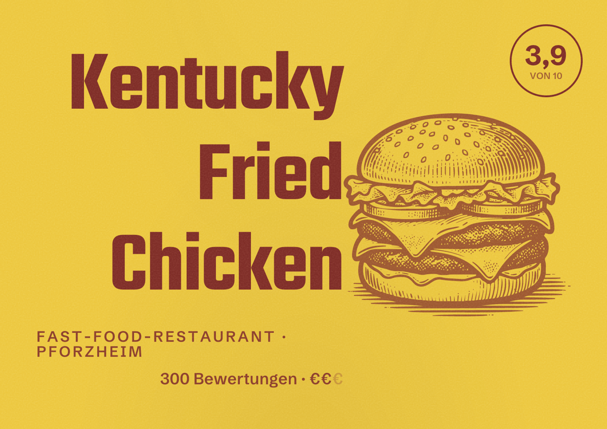 Illustriertes Poster von Kentucky Fried Chicken, Fast-Food-Restaurant in Pforzheim: Bewertung 3,9 von 10 aus 300 Bewertungen, Preisniveau €€
