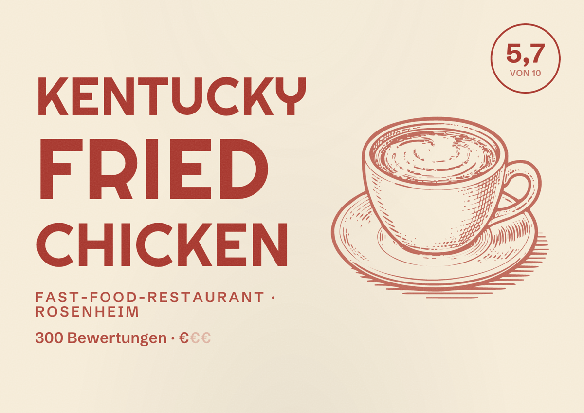 Illustriertes Poster von Kentucky Fried Chicken, Fast-Food-Restaurant in Rosenheim: Bewertung 5,7 von 10 aus 300 Bewertungen, Preisniveau €
