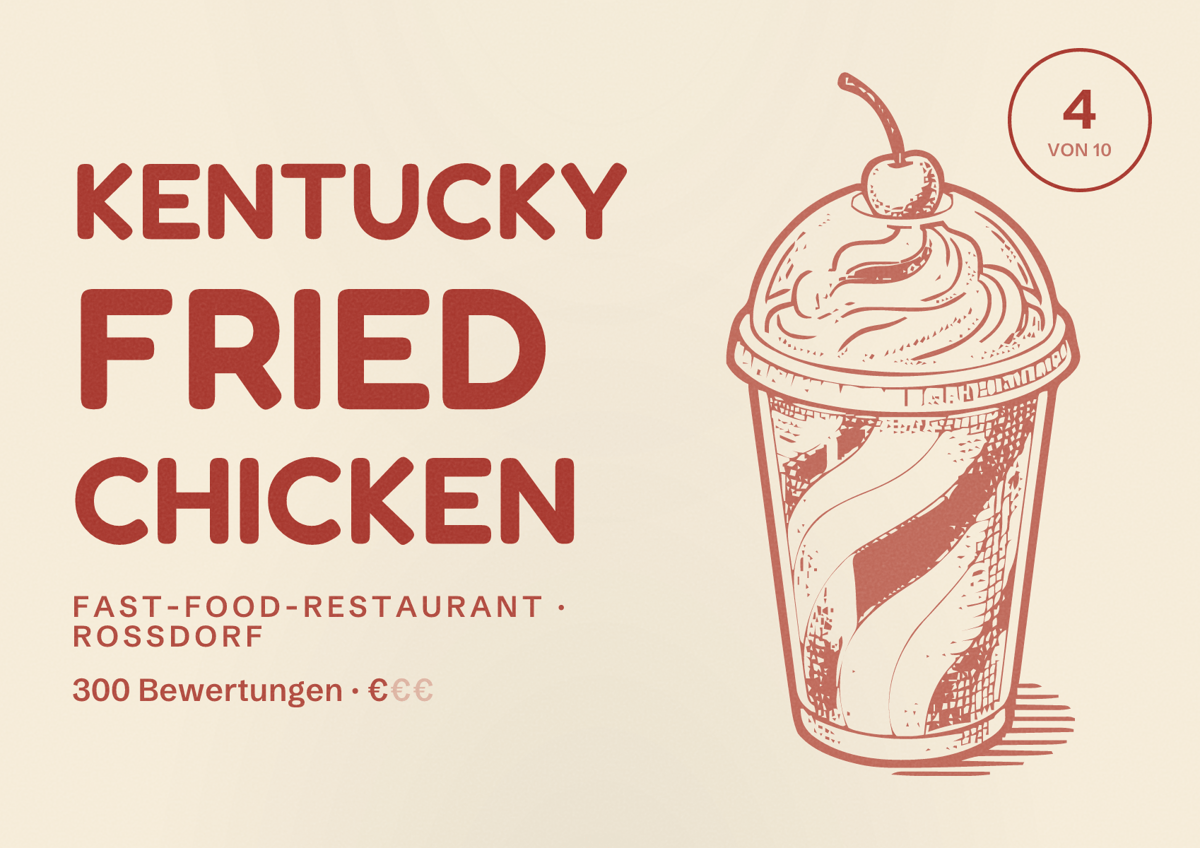 Illustriertes Poster von Kentucky Fried Chicken, Fast-Food-Restaurant in Roßdorf: Bewertung 4 von 10 aus 300 Bewertungen, Preisniveau €
