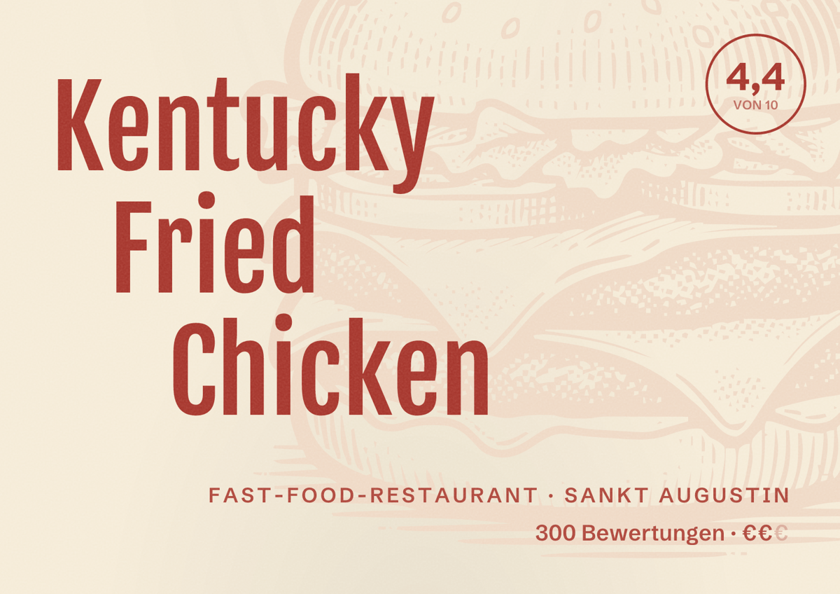 Illustriertes Poster von Kentucky Fried Chicken, Fast-Food-Restaurant in Sankt Augustin: Bewertung 4,4 von 10 aus 300 Bewertungen, Preisniveau €€
