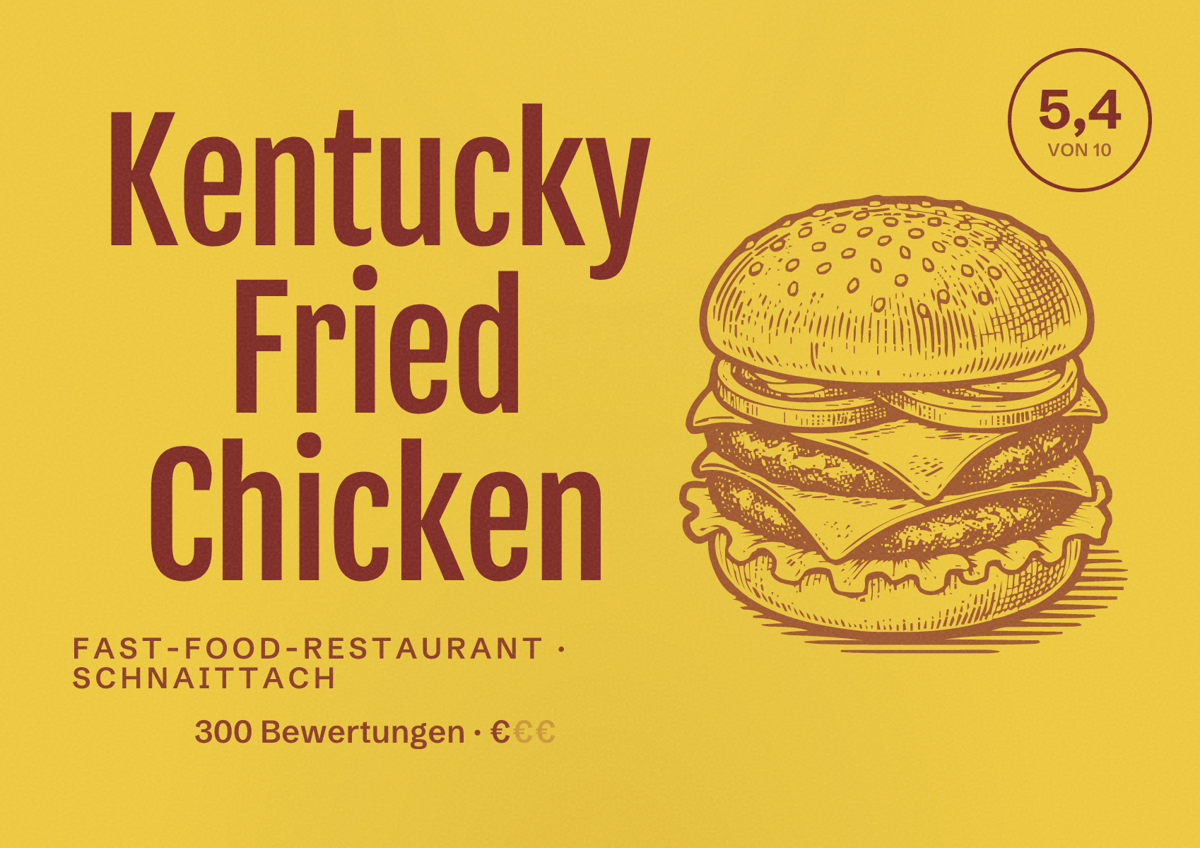 Illustriertes Poster von Kentucky Fried Chicken, Fast-Food-Restaurant in Schnaittach: Bewertung 5,4 von 10 aus 300 Bewertungen, Preisniveau €