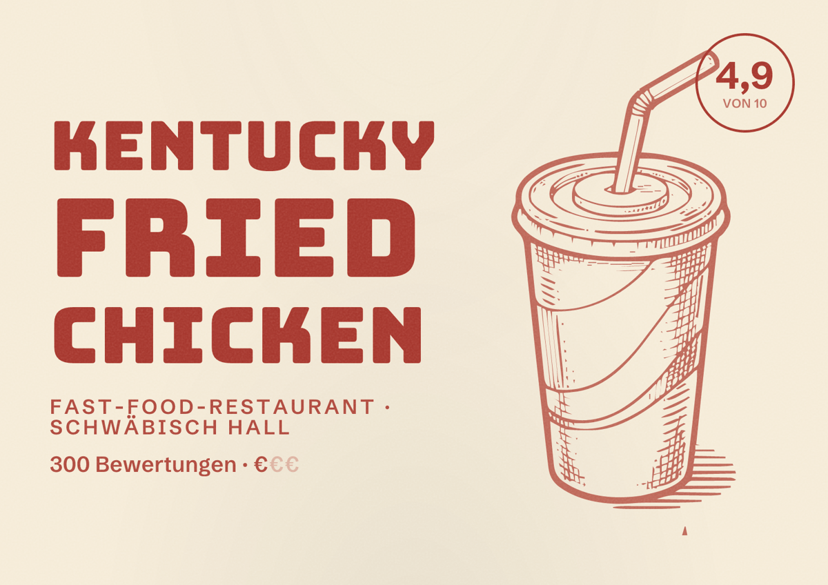 Illustriertes Poster von Kentucky Fried Chicken, Fast-Food-Restaurant in Schwäbisch Hall: Bewertung 4,9 von 10 aus 300 Bewertungen, Preisniveau €