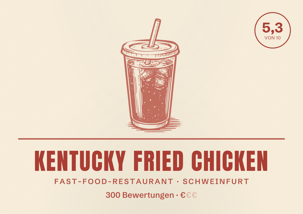Illustriertes Poster von Kentucky Fried Chicken, Fast-Food-Restaurant in Schweinfurt: Bewertung 5,3 von 10 aus 300 Bewertungen, Preisniveau €