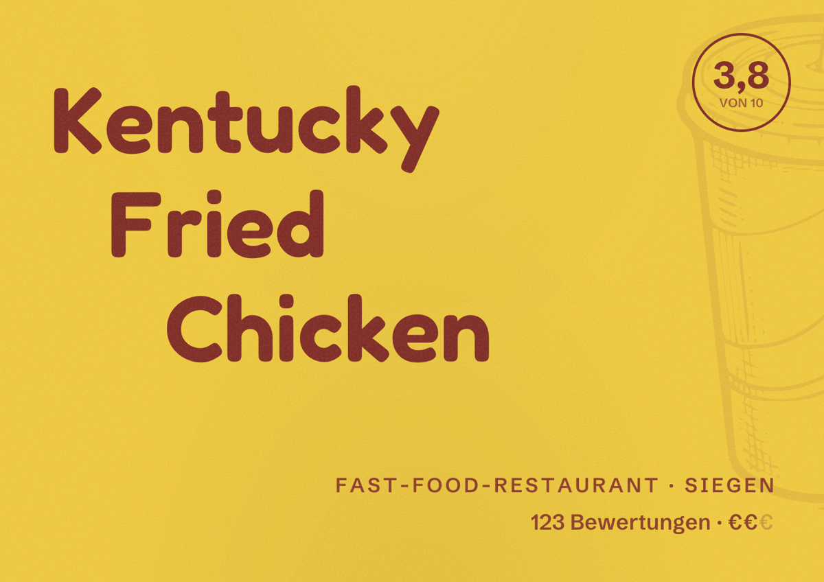 Illustriertes Poster von Kentucky Fried Chicken, Fast-Food-Restaurant in Siegen: Bewertung 3,8 von 10 aus 123 Bewertungen, Preisniveau €€