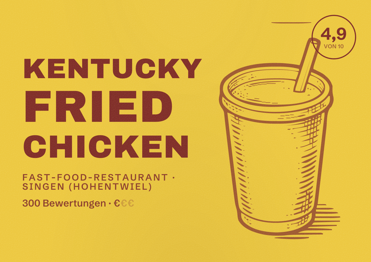 Illustriertes Poster von Kentucky Fried Chicken, Fast-Food-Restaurant in Singen (Hohentwiel): Bewertung 4,9 von 10 aus 300 Bewertungen, Preisniveau €