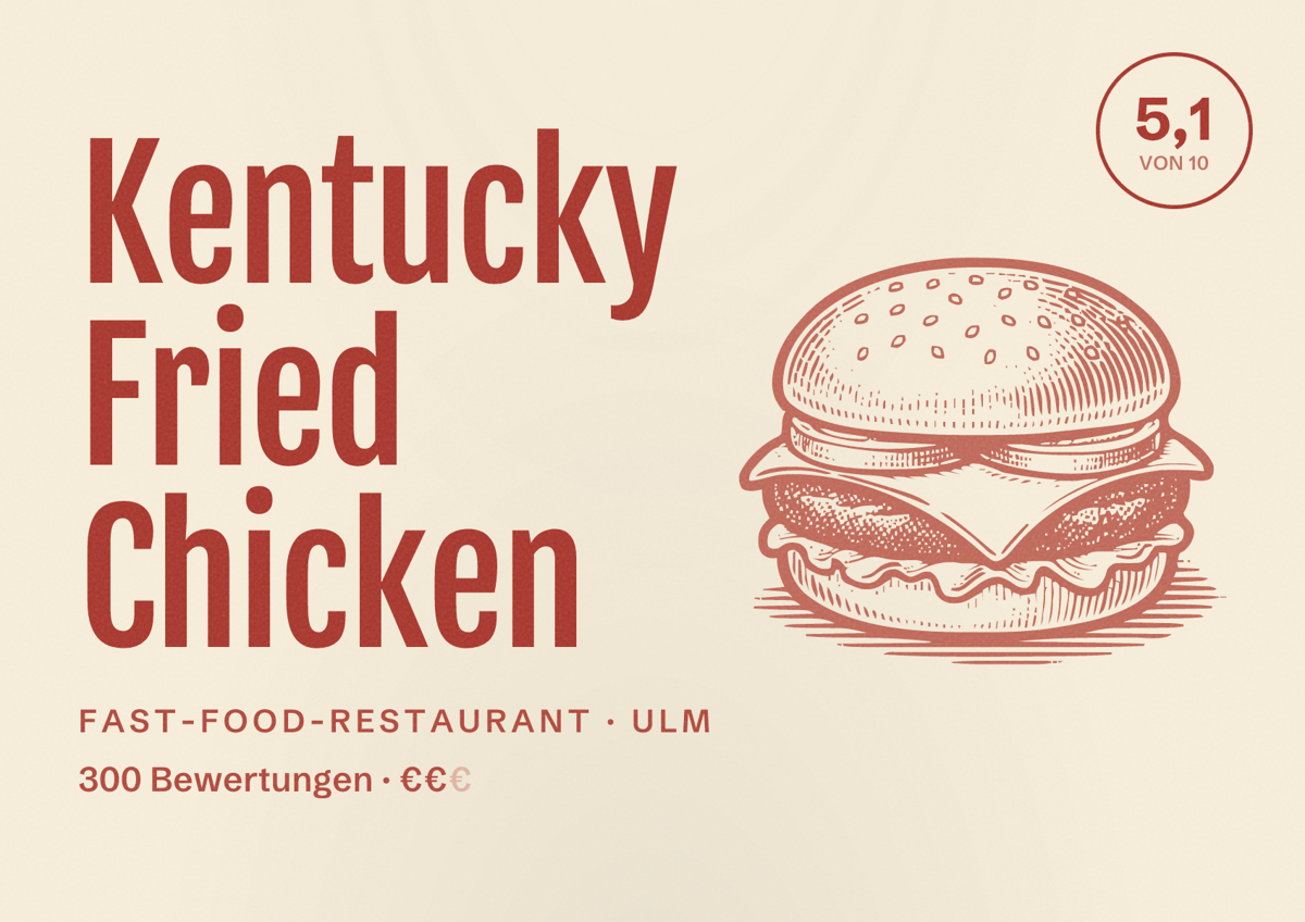 Illustriertes Poster von Kentucky Fried Chicken, Fast-Food-Restaurant in Ulm: Bewertung 5,1 von 10 aus 300 Bewertungen, Preisniveau €€