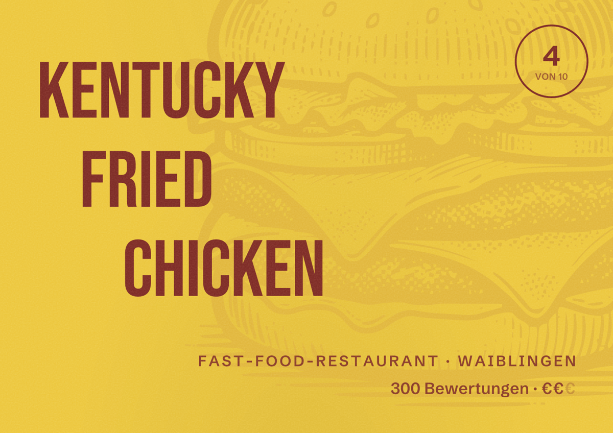 Illustriertes Poster von Kentucky Fried Chicken, Fast-Food-Restaurant in Waiblingen: Bewertung 4 von 10 aus 300 Bewertungen, Preisniveau €€