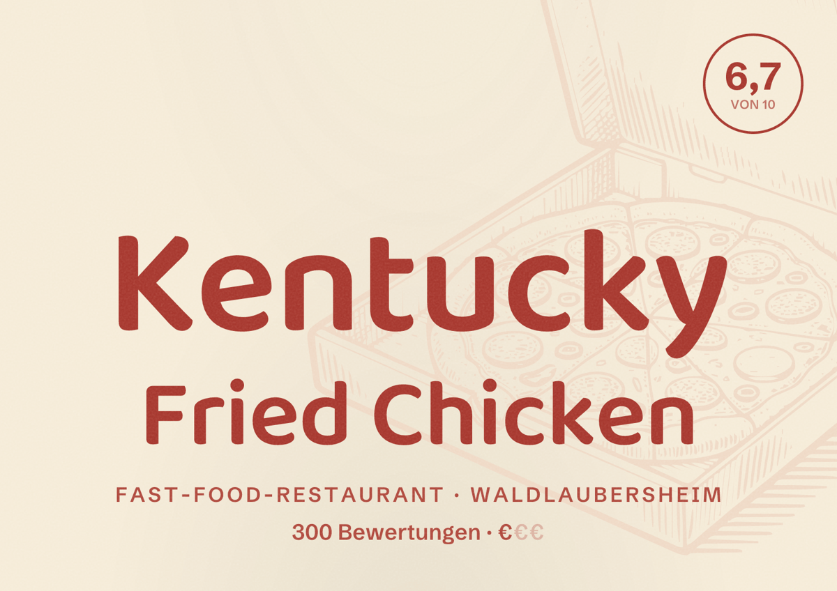 Illustriertes Poster von Kentucky Fried Chicken, Fast-Food-Restaurant in Waldlaubersheim: Bewertung 6,7 von 10 aus 300 Bewertungen, Preisniveau €