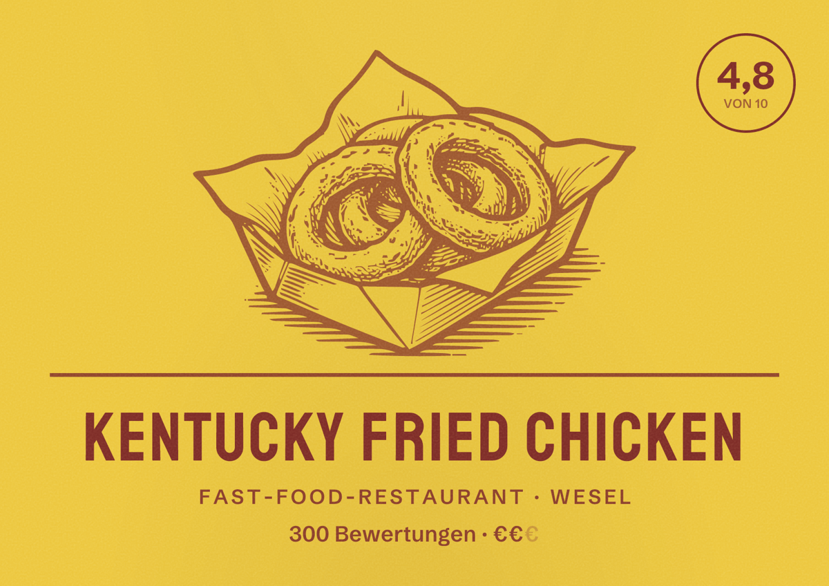Illustriertes Poster von Kentucky Fried Chicken, Fast-Food-Restaurant in Wesel: Bewertung 4,8 von 10 aus 300 Bewertungen, Preisniveau €€