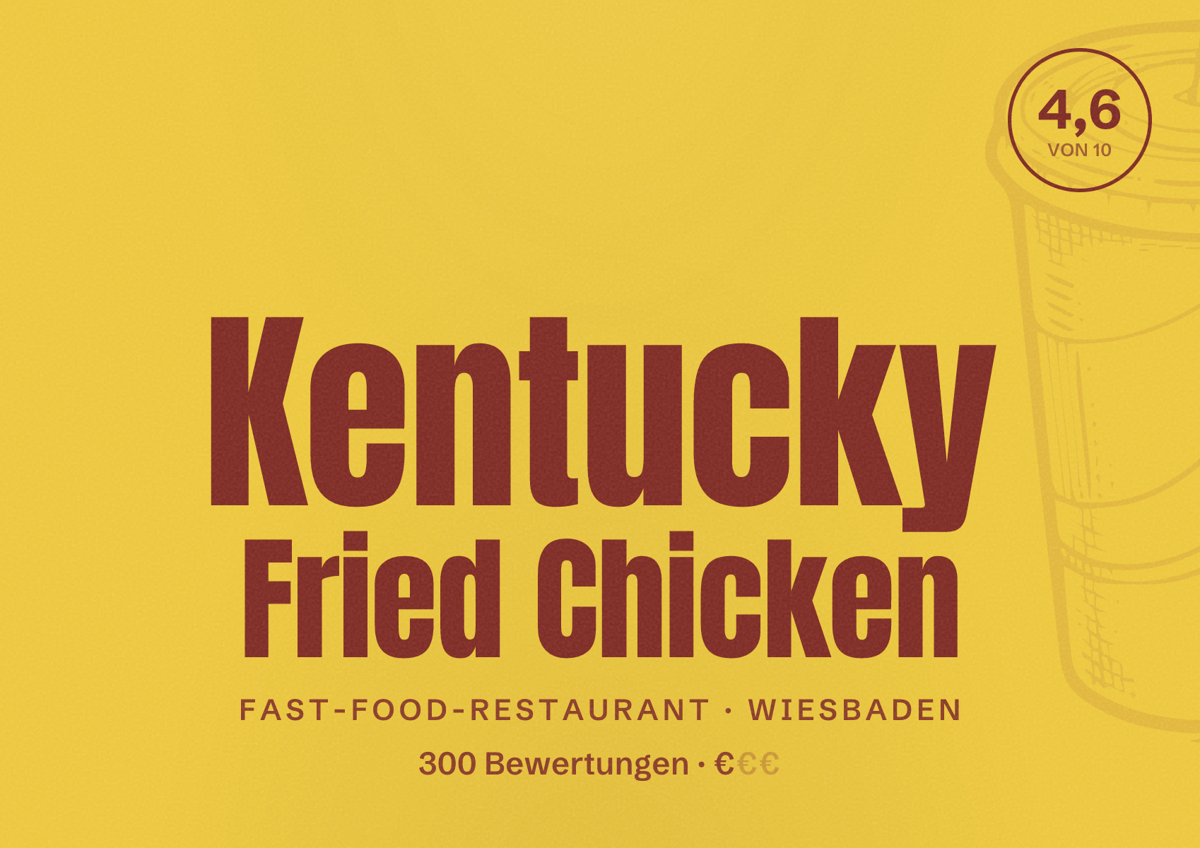 Illustriertes Poster von Kentucky Fried Chicken, Fast-Food-Restaurant in Wiesbaden: Bewertung 4,6 von 10 aus 300 Bewertungen, Preisniveau €