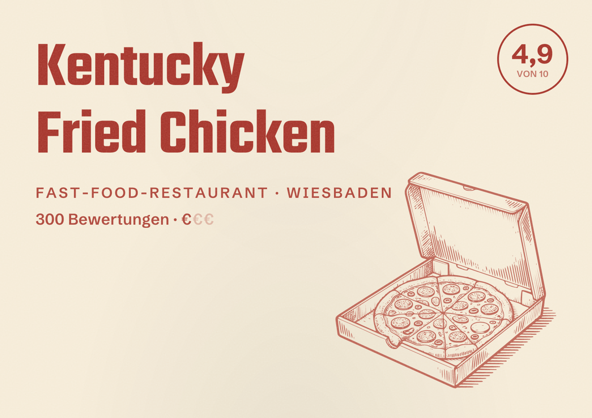 Illustriertes Poster von Kentucky Fried Chicken, Fast-Food-Restaurant in Wiesbaden: Bewertung 4,9 von 10 aus 300 Bewertungen, Preisniveau €