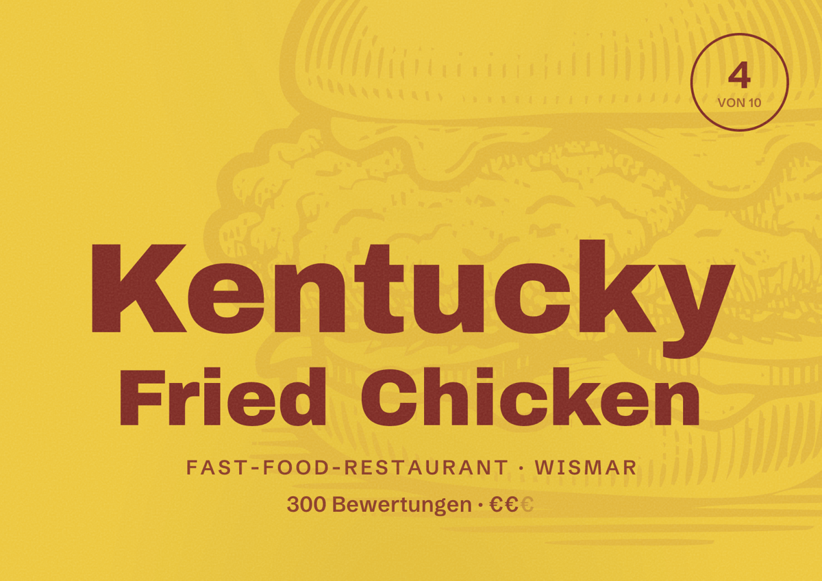 Illustriertes Poster von Kentucky Fried Chicken, Fast-Food-Restaurant in Wismar: Bewertung 4 von 10 aus 300 Bewertungen, Preisniveau €€