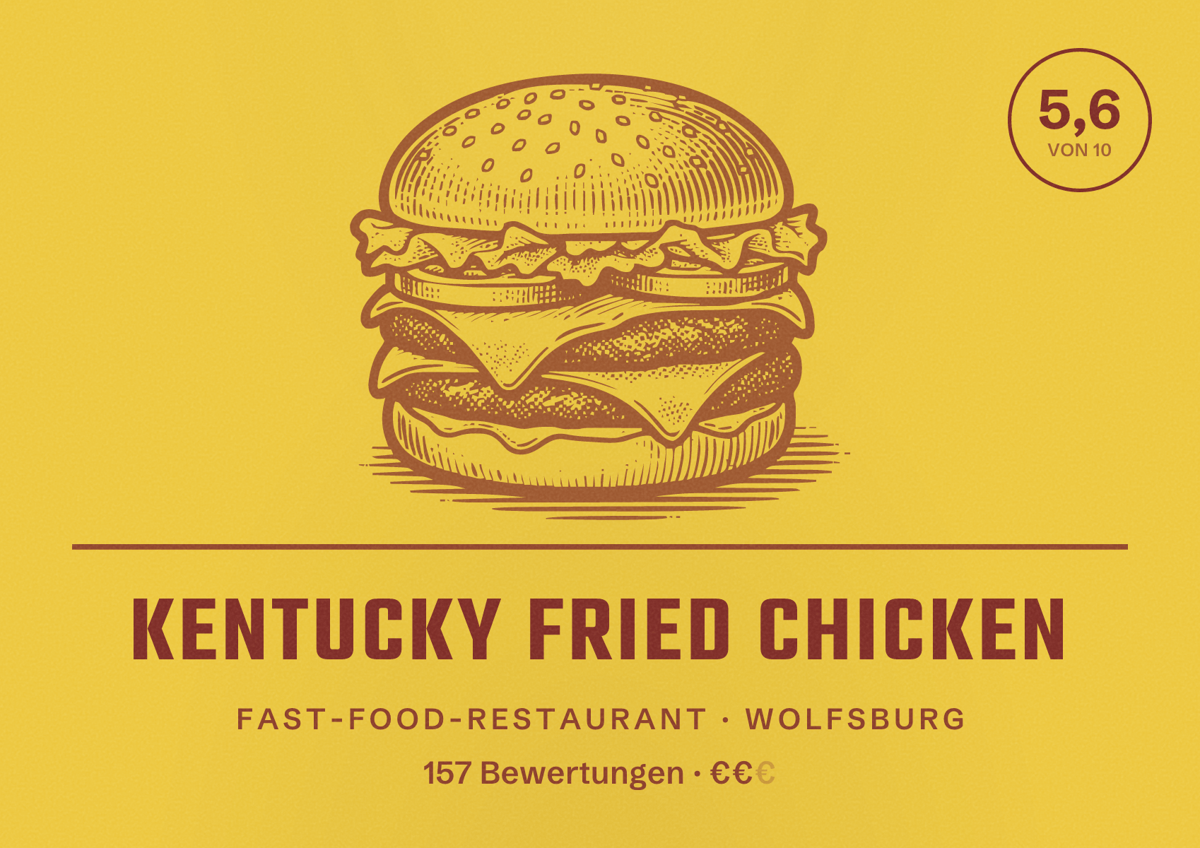 Illustriertes Poster von Kentucky Fried Chicken, Fast-Food-Restaurant in Wolfsburg: Bewertung 5,6 von 10 aus 157 Bewertungen, Preisniveau €€