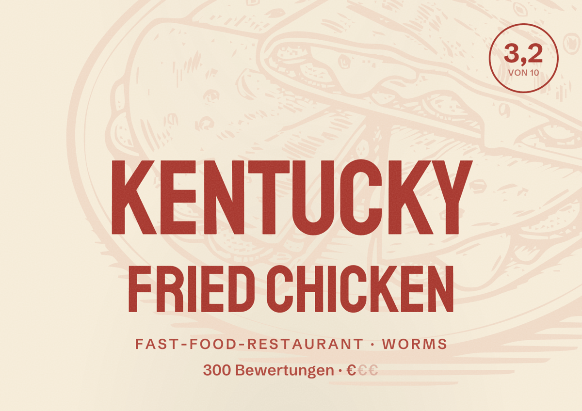 Illustriertes Poster von Kentucky Fried Chicken, Fast-Food-Restaurant in Worms: Bewertung 3,2 von 10 aus 300 Bewertungen, Preisniveau €