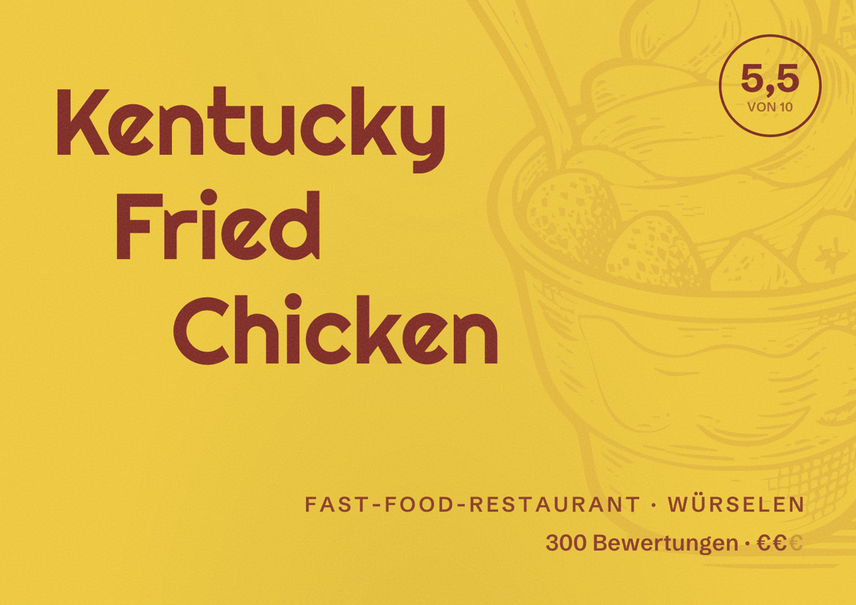 Illustriertes Poster von Kentucky Fried Chicken, Fast-Food-Restaurant in Würselen: Bewertung 5,5 von 10 aus 300 Bewertungen, Preisniveau €€