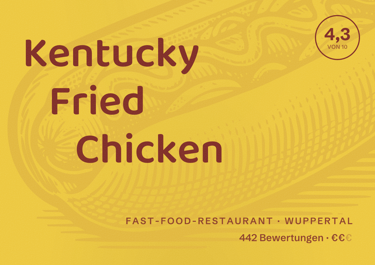 Illustriertes Poster von Kentucky Fried Chicken, Fast-Food-Restaurant in Wuppertal: Bewertung 4,3 von 10 aus 442 Bewertungen, Preisniveau €€