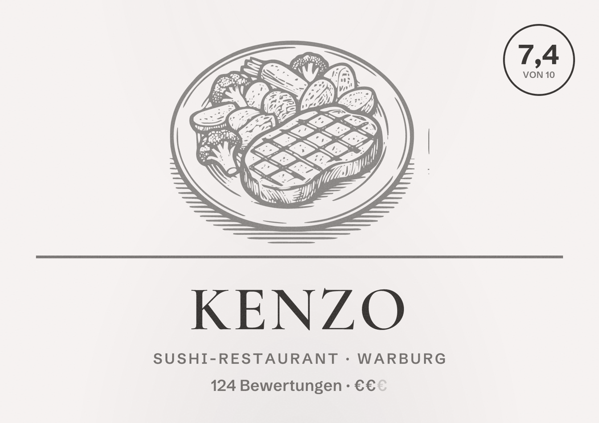 Illustriertes Poster von Kenzo, Sushi-Restaurant in Warburg: Bewertung 7,4 von 10 aus 124 Bewertungen, Preisniveau €€