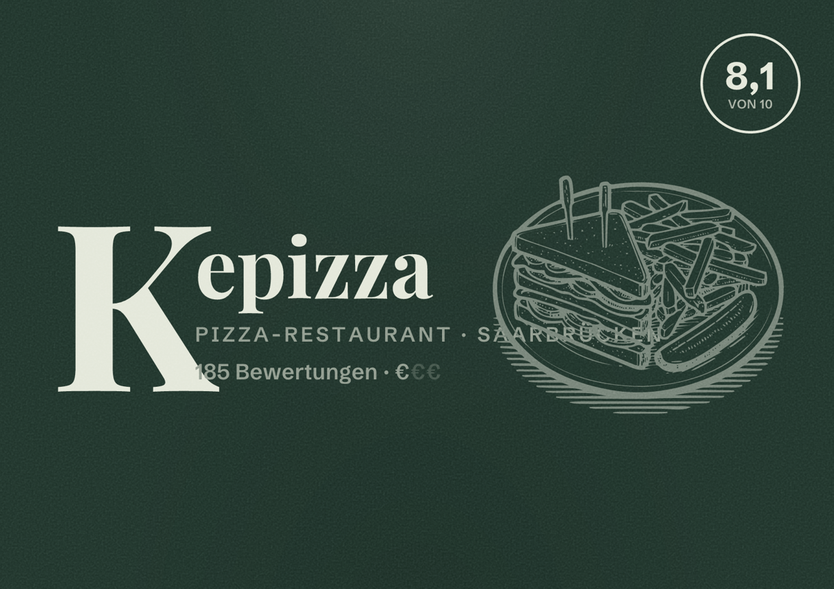 Illustriertes Poster von Kepizza, Pizza-Restaurant in Saarbrücken: Bewertung 8,1 von 10 aus 185 Bewertungen, Preisniveau €