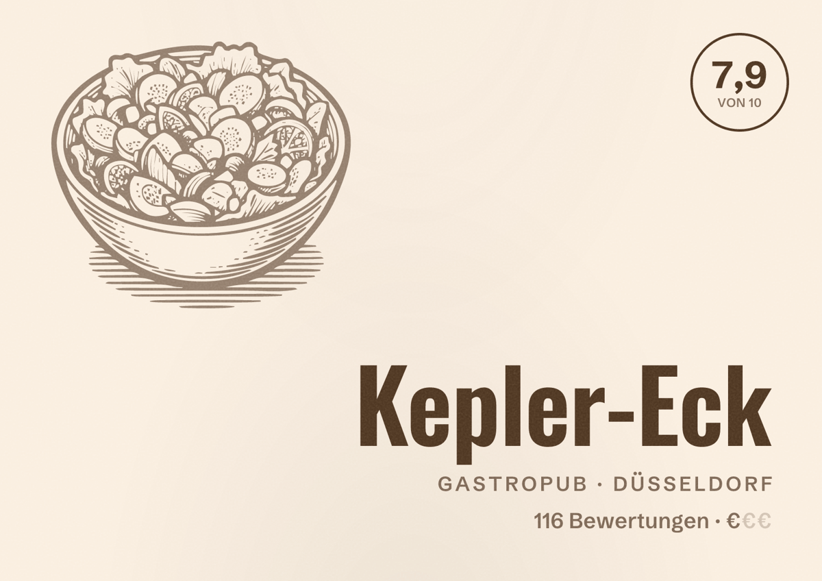 Illustriertes Poster von Kepler-Eck, Gastropub in Düsseldorf: Bewertung 7,9 von 10 aus 116 Bewertungen, Preisniveau €