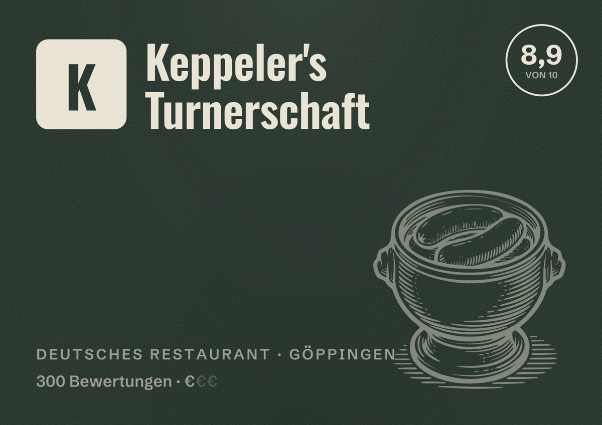 Illustriertes Poster von Keppeler's Turnerschaft, Deutsches Restaurant in Göppingen: Bewertung 8,9 von 10 aus 300 Bewertungen, Preisniveau €