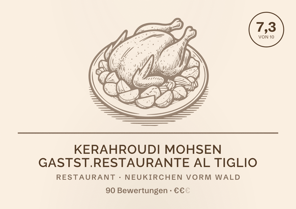 Illustriertes Poster von Kerahroudi Mohsen Gastst.Restaurante Al Tiglio, Restaurant in Neukirchen vorm Wald: Bewertung 7,3 von 10 aus 90 Bewertungen, Preisniveau €€