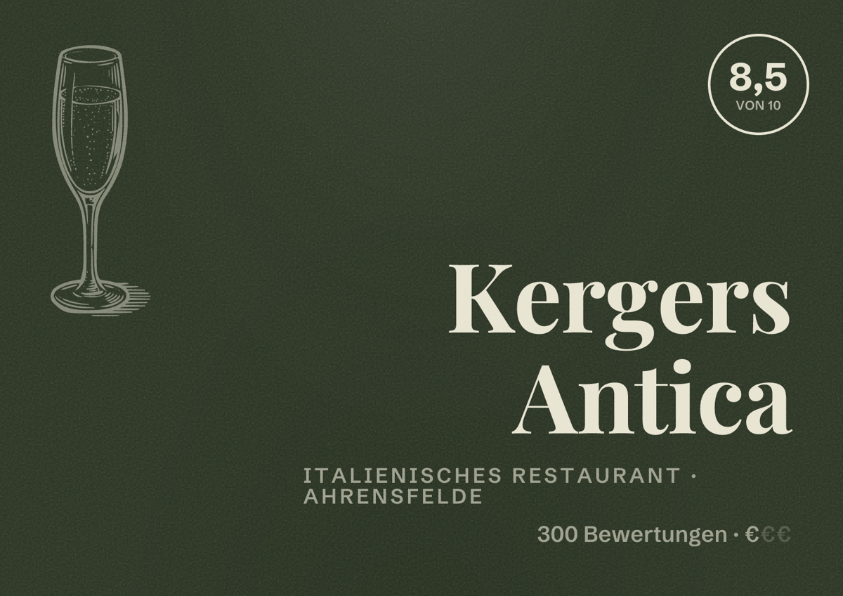 Illustriertes Poster von Kergers Antica, Italienisches Restaurant in Ahrensfelde: Bewertung 8,5 von 10 aus 300 Bewertungen, Preisniveau €