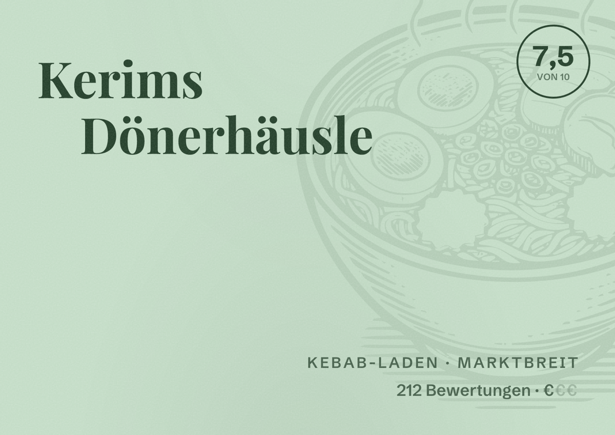 Illustriertes Poster von Kerims Dönerhäusle, Kebab-Laden in Marktbreit: Bewertung 7,5 von 10 aus 212 Bewertungen, Preisniveau €