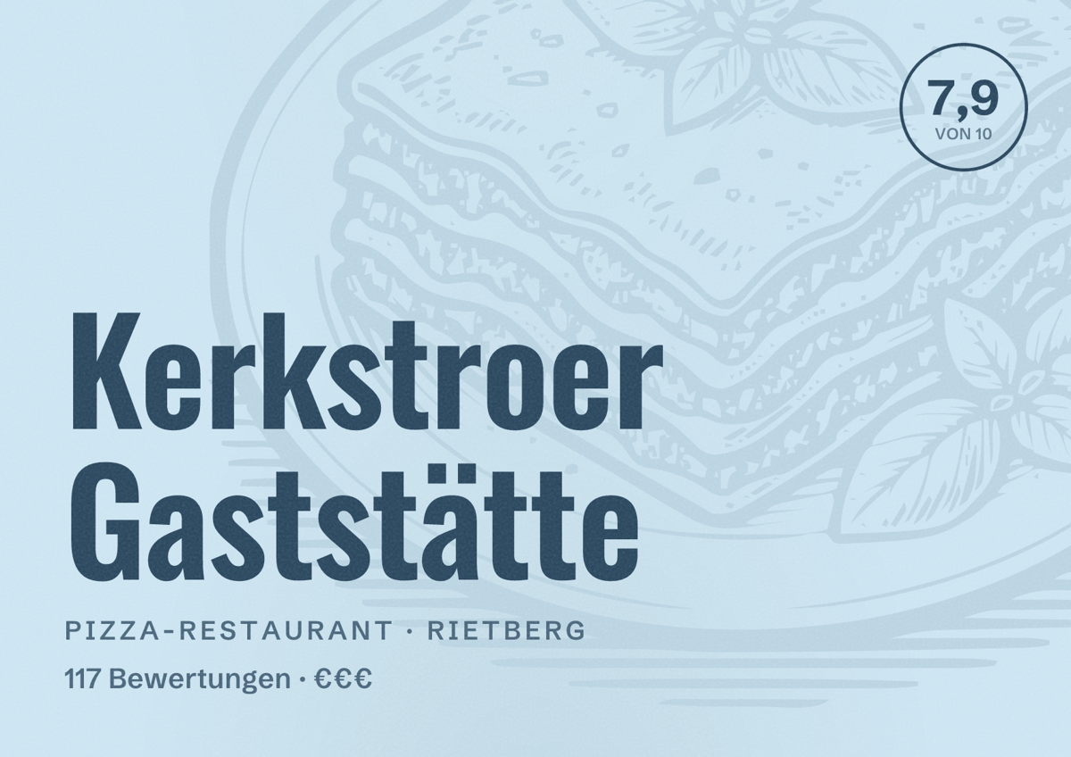 Illustriertes Poster von Kerkstroer Gaststätte, Pizza-Restaurant in Rietberg: Bewertung 7,9 von 10 aus 117 Bewertungen, Preisniveau €€€